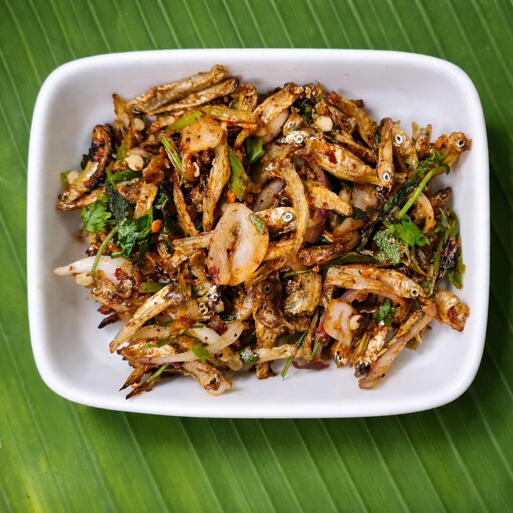 Dry Silver Fish Bharta with Red Chilli Flakes